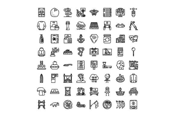 Black Line Icons Set of Various Objects